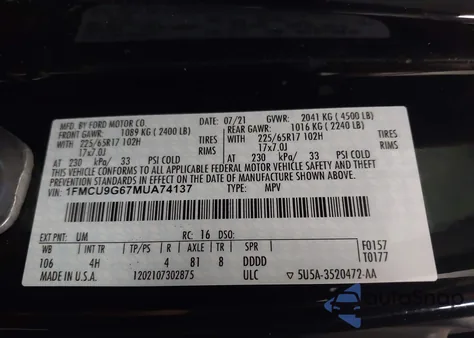 2021 Ford Escape Se z USA, uszkodzony, nr VIN 1FMCU9G67MUA74137